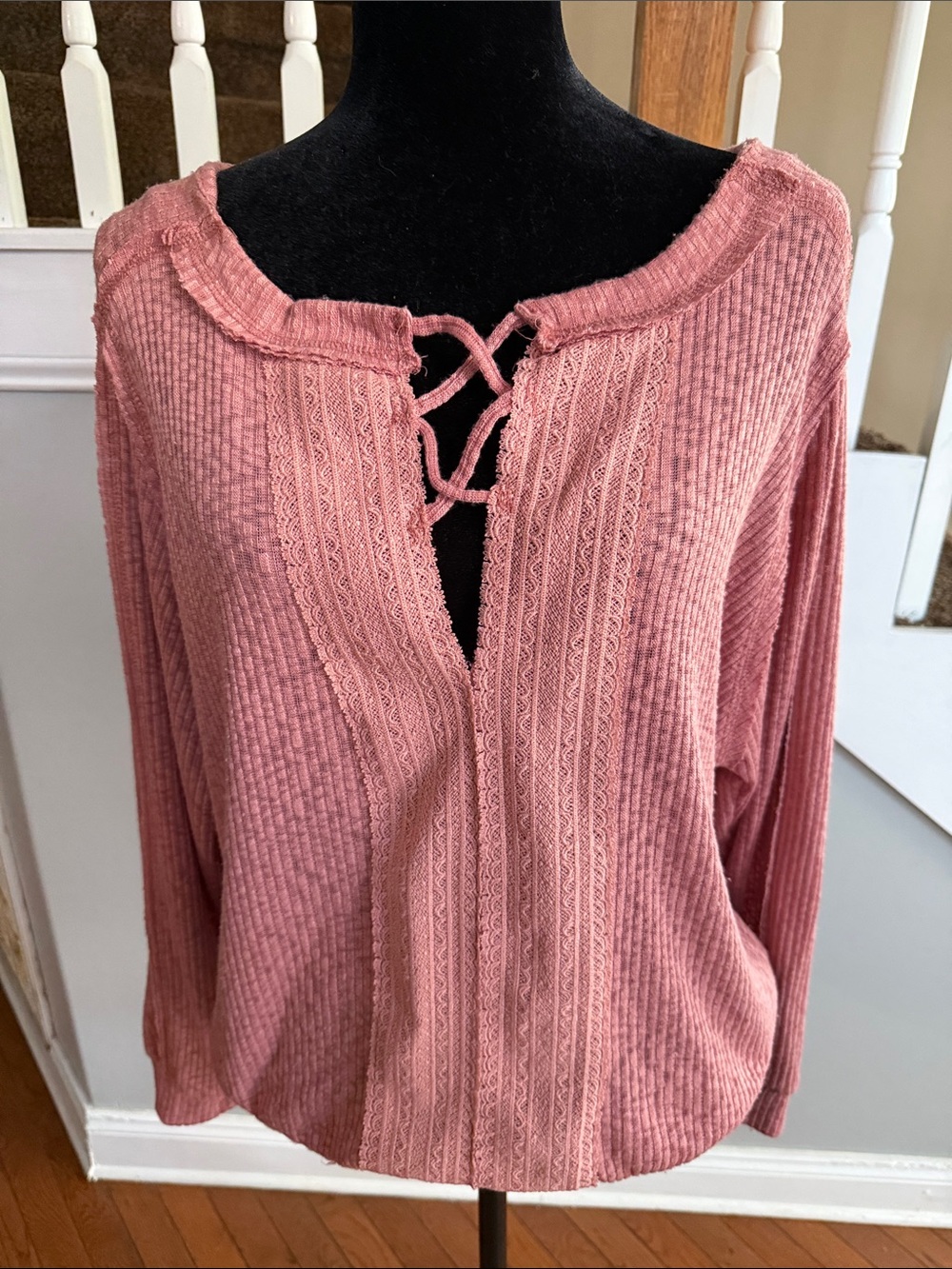 Daytrip Lace-Up Ribbed Long Sleeve Top in Dusty Rose